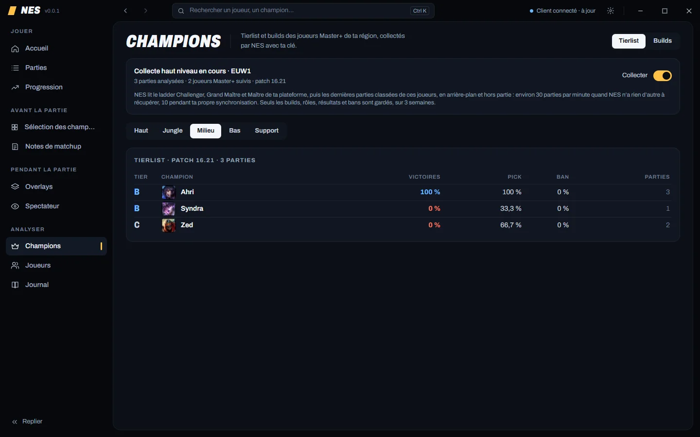 Page Champions : tierlist par rôle avec victoires, pick et ban.
