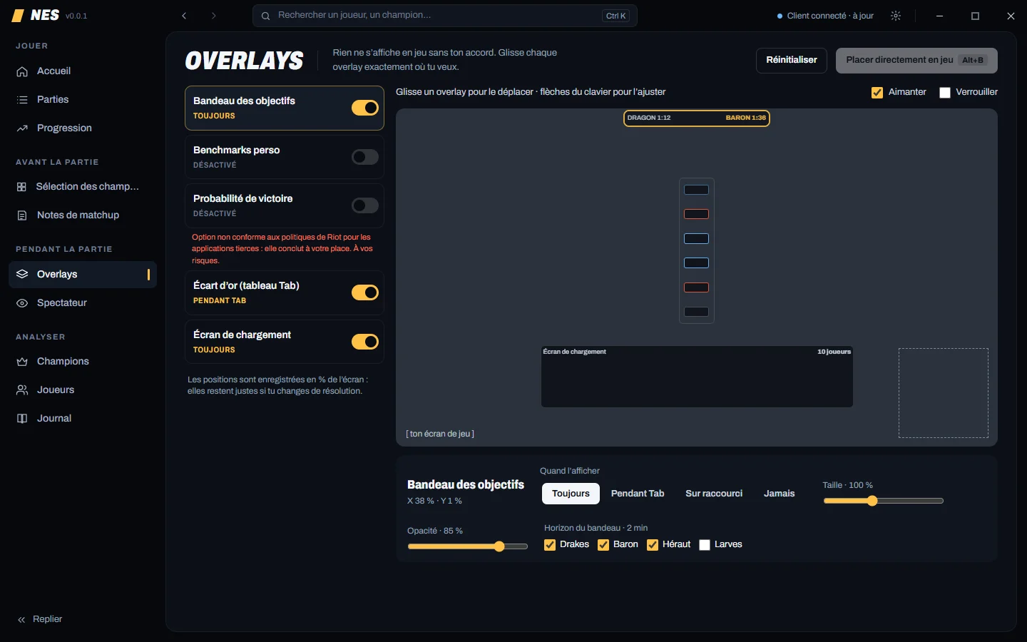 Page Overlays : liste des overlays avec leur mode d’affichage et aperçu de l’écran pour les placer.